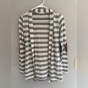 Alwaysme Open Front Cardigan Grey White Striped Elbow Pads Casual Layering